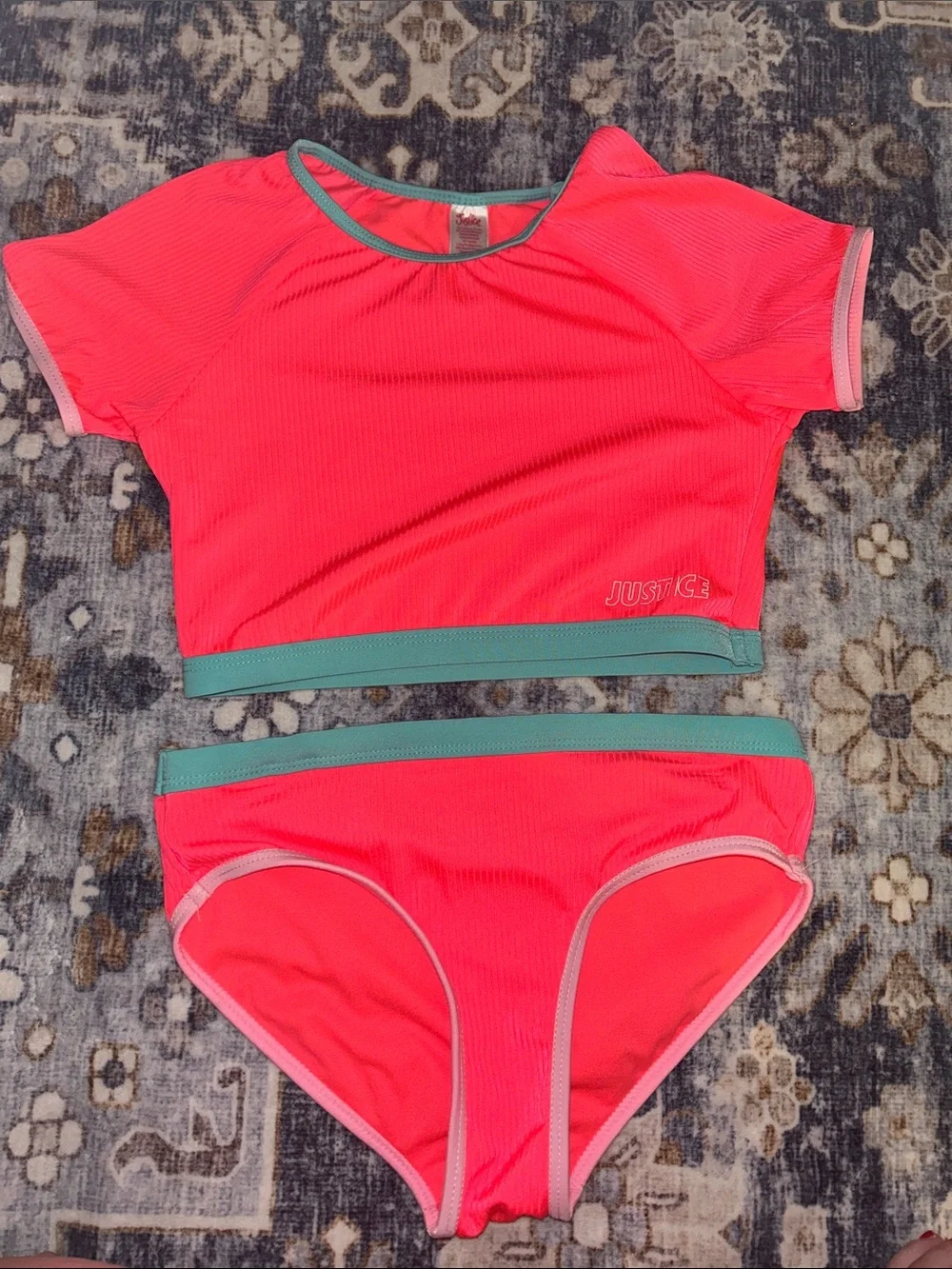 Justice Neon Coral Swim Two-Piece with Teal Trim